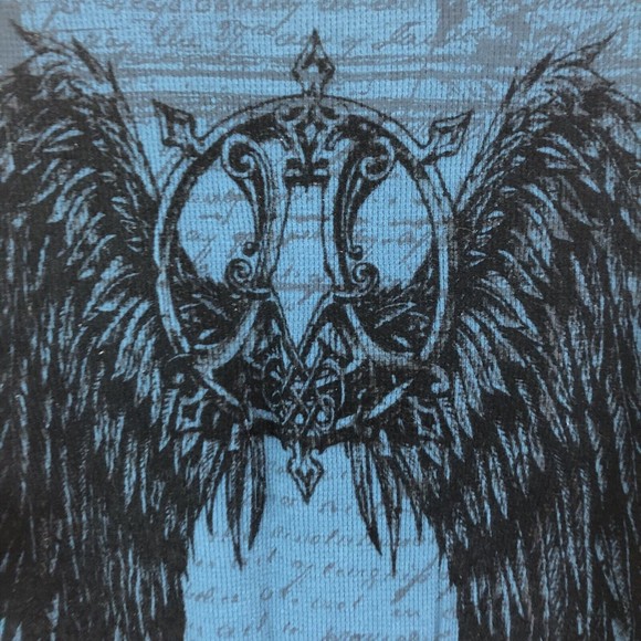 Affliction Shirt Thermal Long Sleeve Blue Wings Distressed Flocked Mens Size XL - Picture 2 of 11
